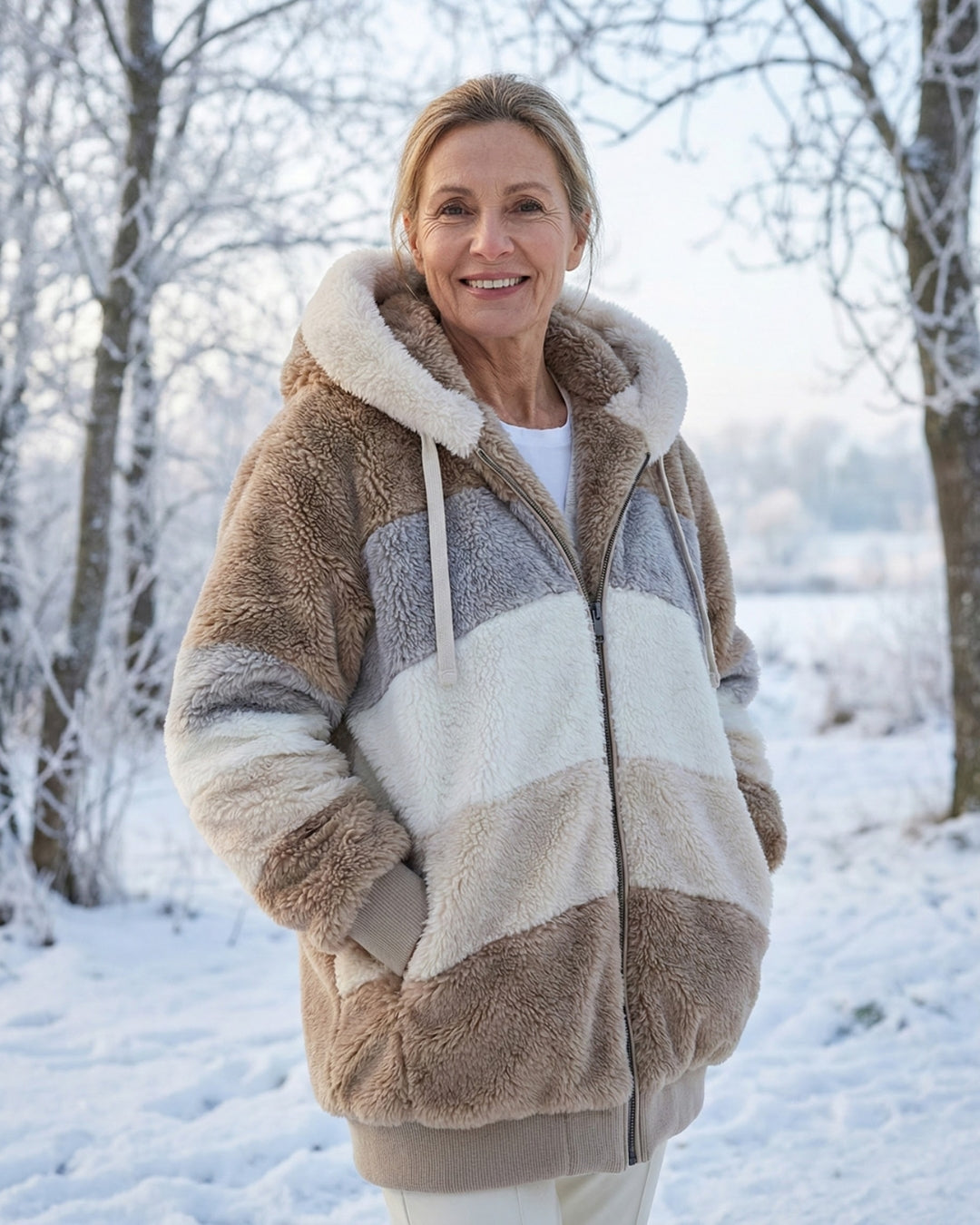 Colourblock plush jacket in tan and light gray with zip front and sherpa-lined hood