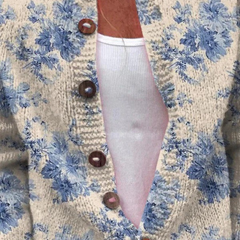 Women’s vintage knit cardigan, cream with blue floral print, long sleeves, brown button front