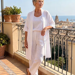 3-piece white set with long tunic, square-neck top, and wide-leg pants.