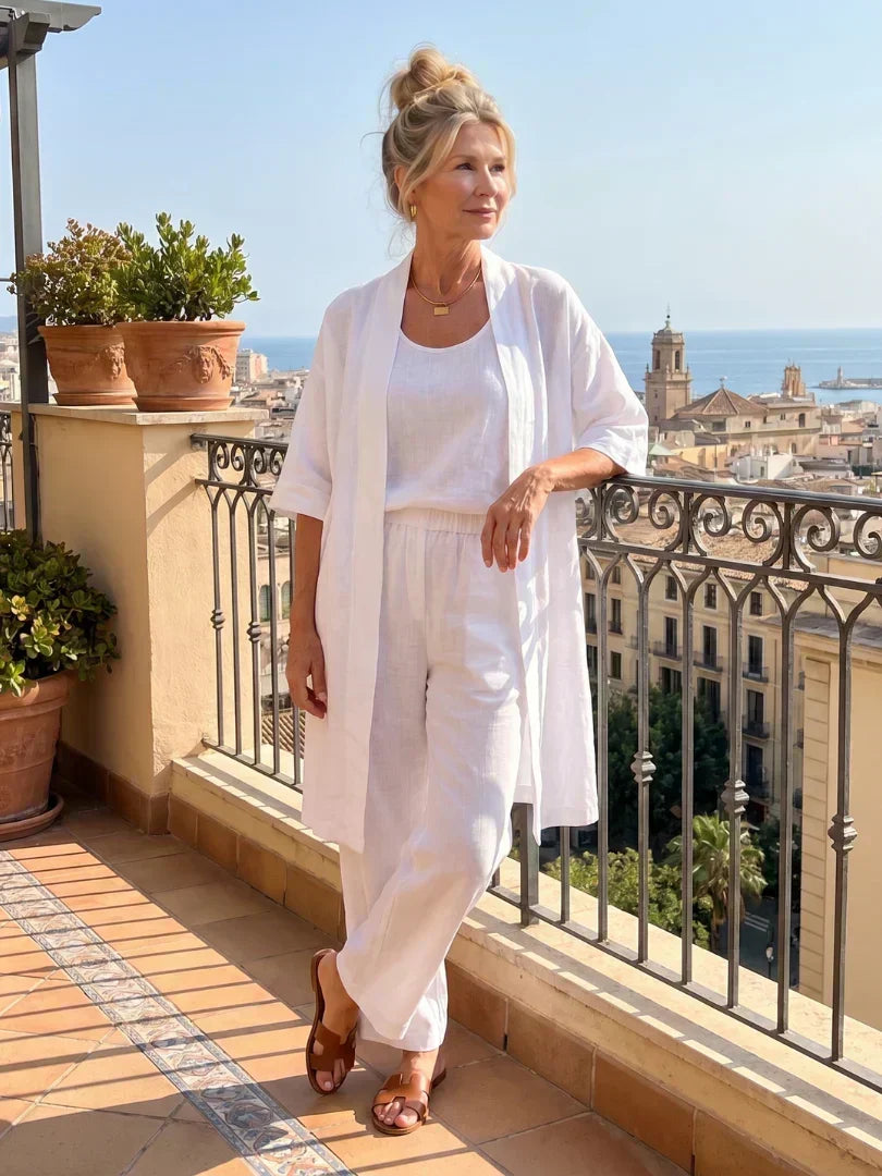 3-piece white set with long tunic, square-neck top, and wide-leg pants.