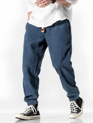 Blue ribbed velvet trousers with tapered legs, elastic cuffs, and drawstring waist