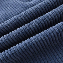 Close-up of blue ribbed velvet fabric texture with raised corded stripes