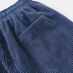 Close-up of blue ribbed velvet texture with parallel corded lines