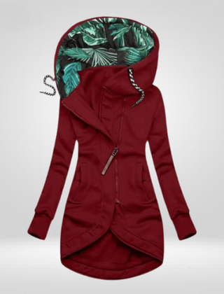 Wine red weatherproof winter coat with hood, front zipper, and drawstring hem