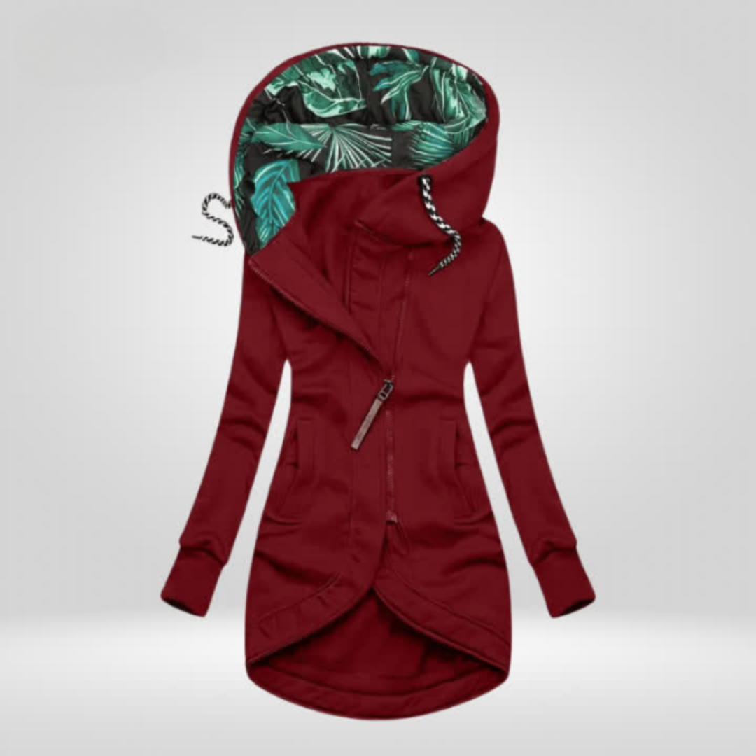 Wine red weatherproof winter coat with hood, front zipper, and drawstring hem