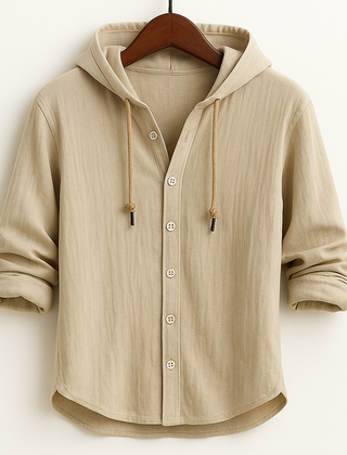 Beige hooded shirt jacket with button front and drawstring hood ties