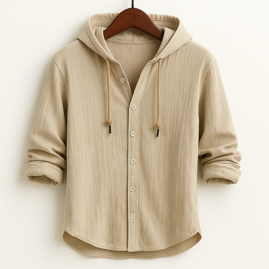 Beige hooded shirt jacket with button front and drawstring hood ties