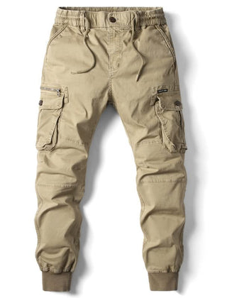 Khaki cargo pants with drawstring waist, button fly, and multiple side cargo pockets