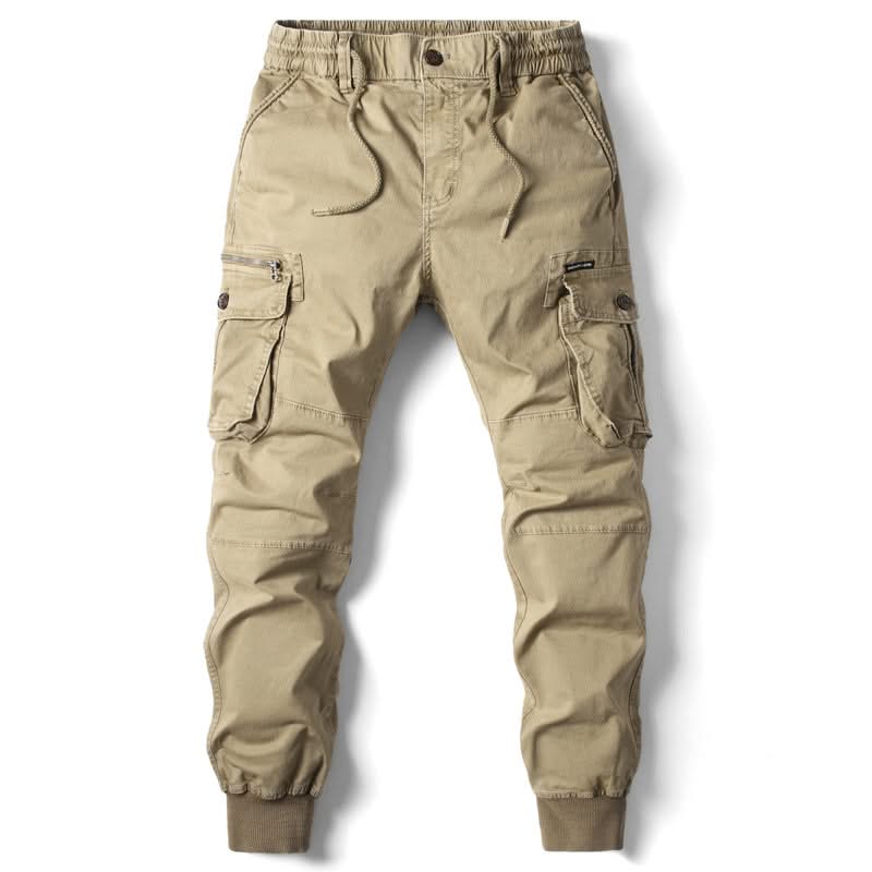 Khaki cargo pants with drawstring waist, button fly, and multiple side cargo pockets