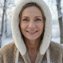 Colourblock plush jacket hood in cream sherpa with tan and gray colorblock panels