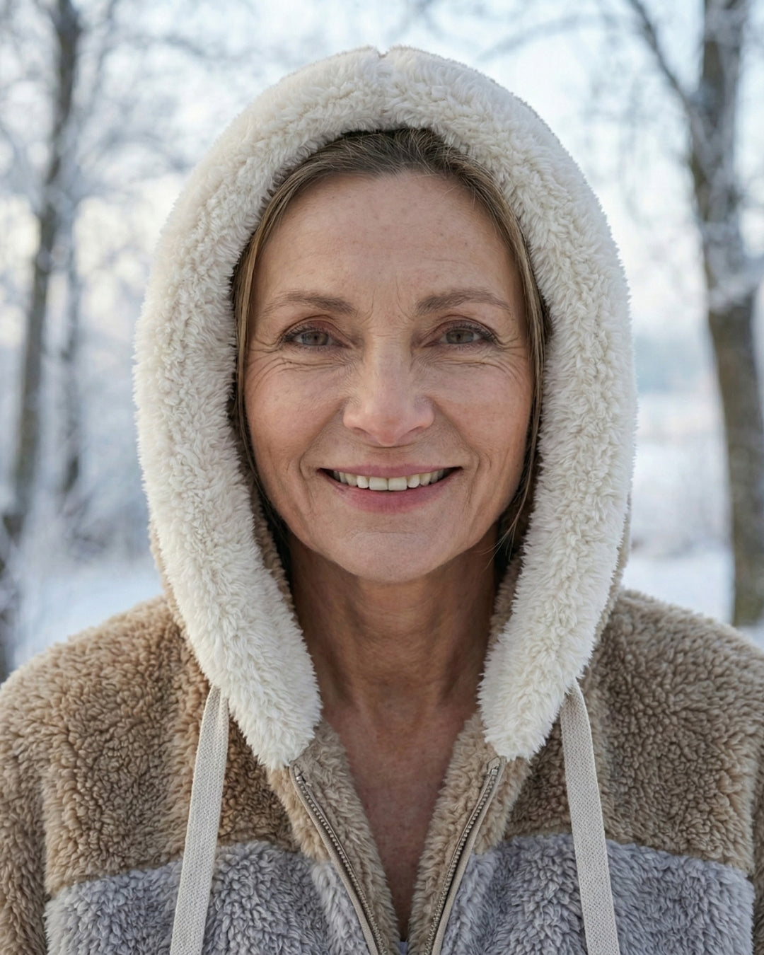 Colourblock plush jacket hood in cream sherpa with tan and gray colorblock panels