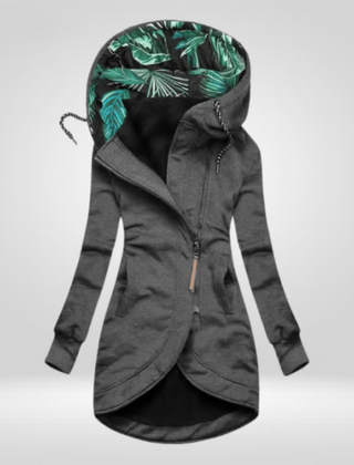 Grey weatherproof winter coat with hood, front zipper, and drawstring hem