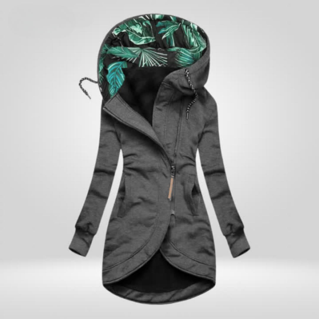 Grey weatherproof winter coat with hood, front zipper, and drawstring hem