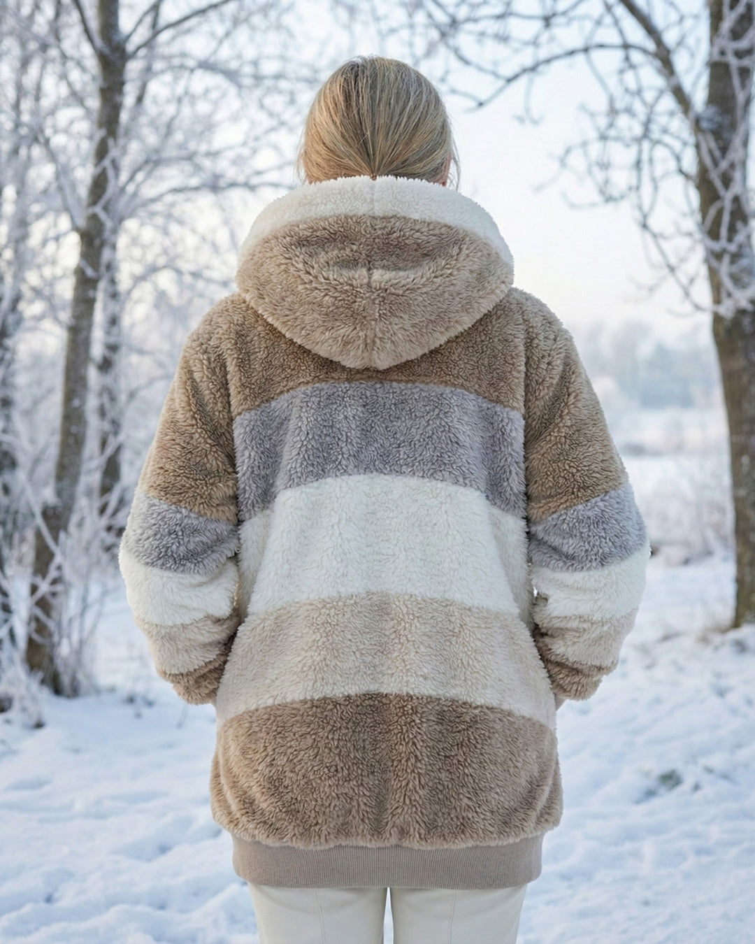 Back view of colourblock plush jacket in tan, cream, and light gray with hood