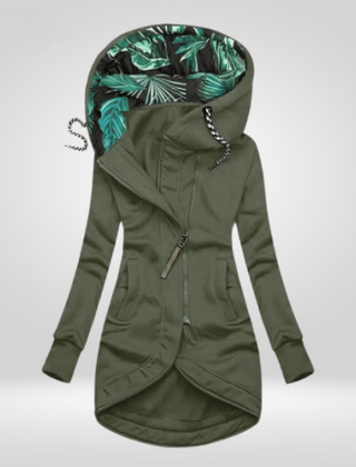 Olive green weatherproof winter coat with hood, front zipper, and drawstring hem