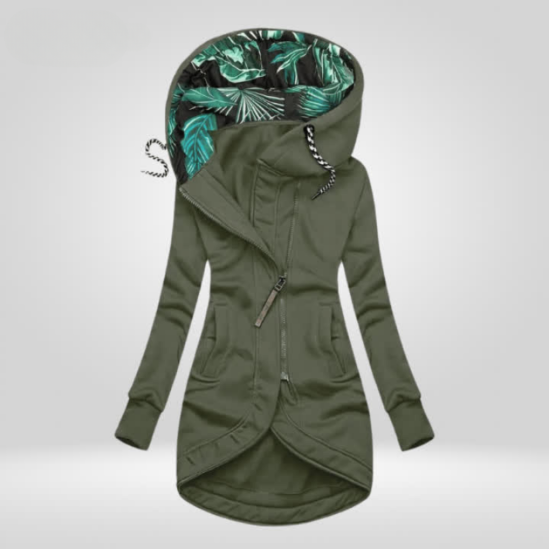 Olive green weatherproof winter coat with hood, front zipper, and drawstring hem