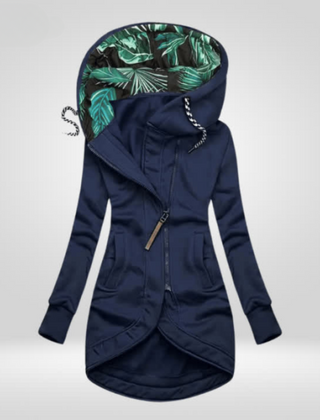 Navy blue weatherproof winter coat with hood, front zipper, and drawstring hem