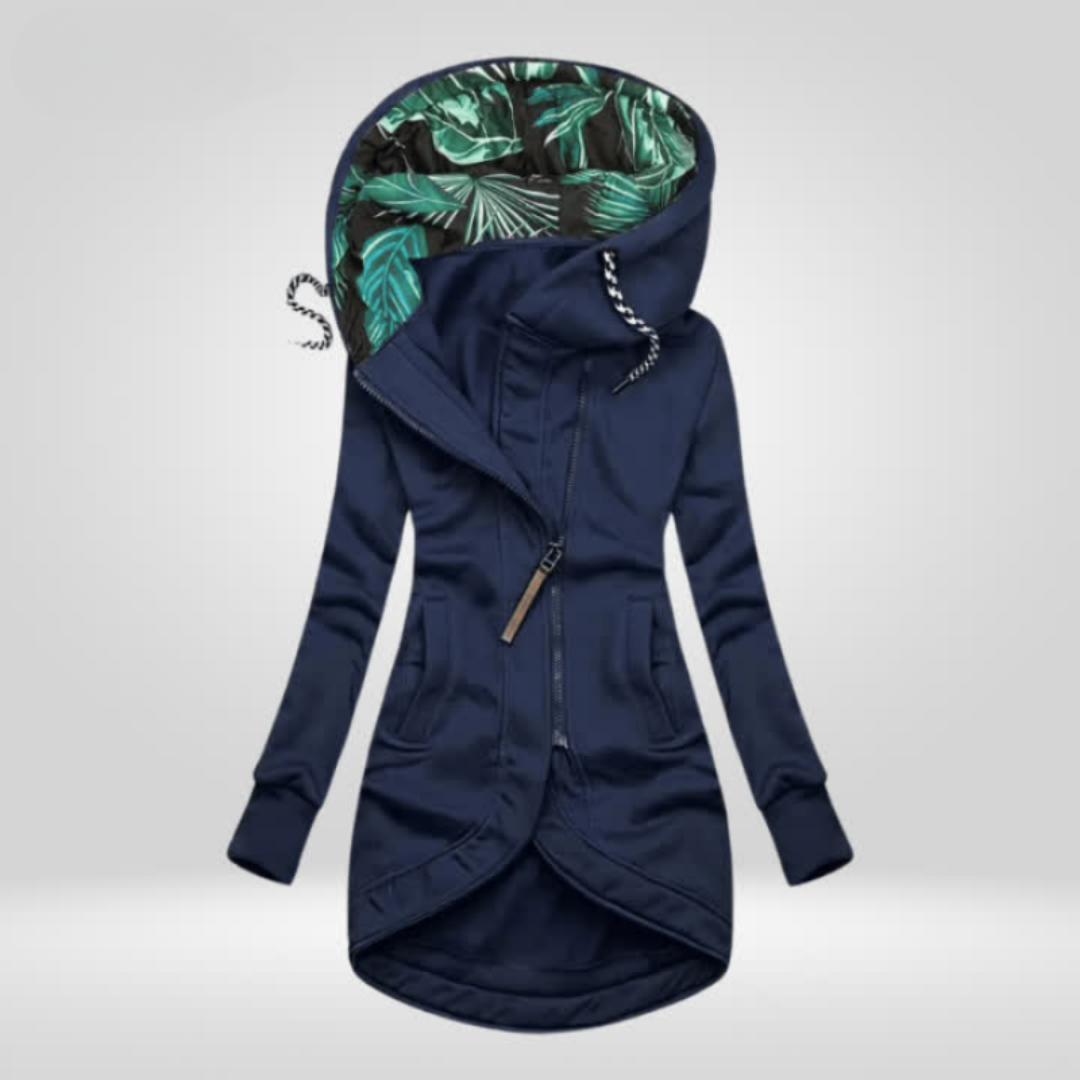 Navy blue weatherproof winter coat with hood, front zipper, and drawstring hem