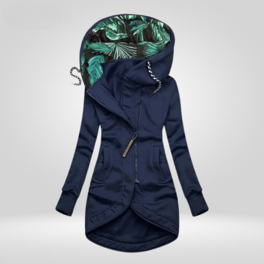Navy blue weatherproof winter coat with hood, front zipper, and drawstring hem