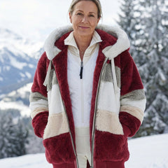 Bonnie colourblock plush jacket with hood, front view, maroon and light blue with cream bands