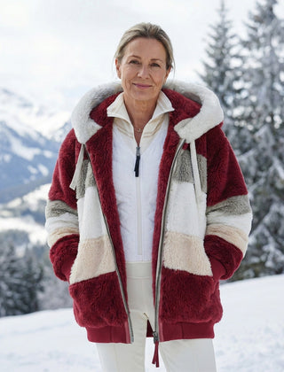 Bonnie colourblock plush jacket with hood, front view, maroon and light blue with cream bands
