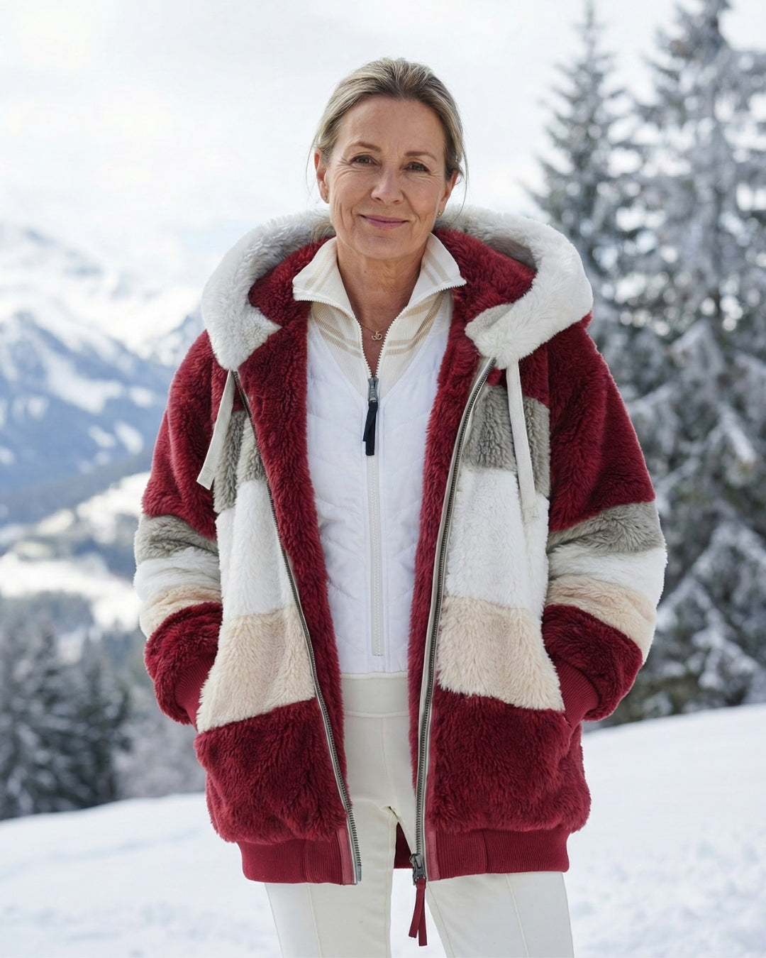 Bonnie colourblock plush jacket with hood, front view, maroon and light blue with cream bands