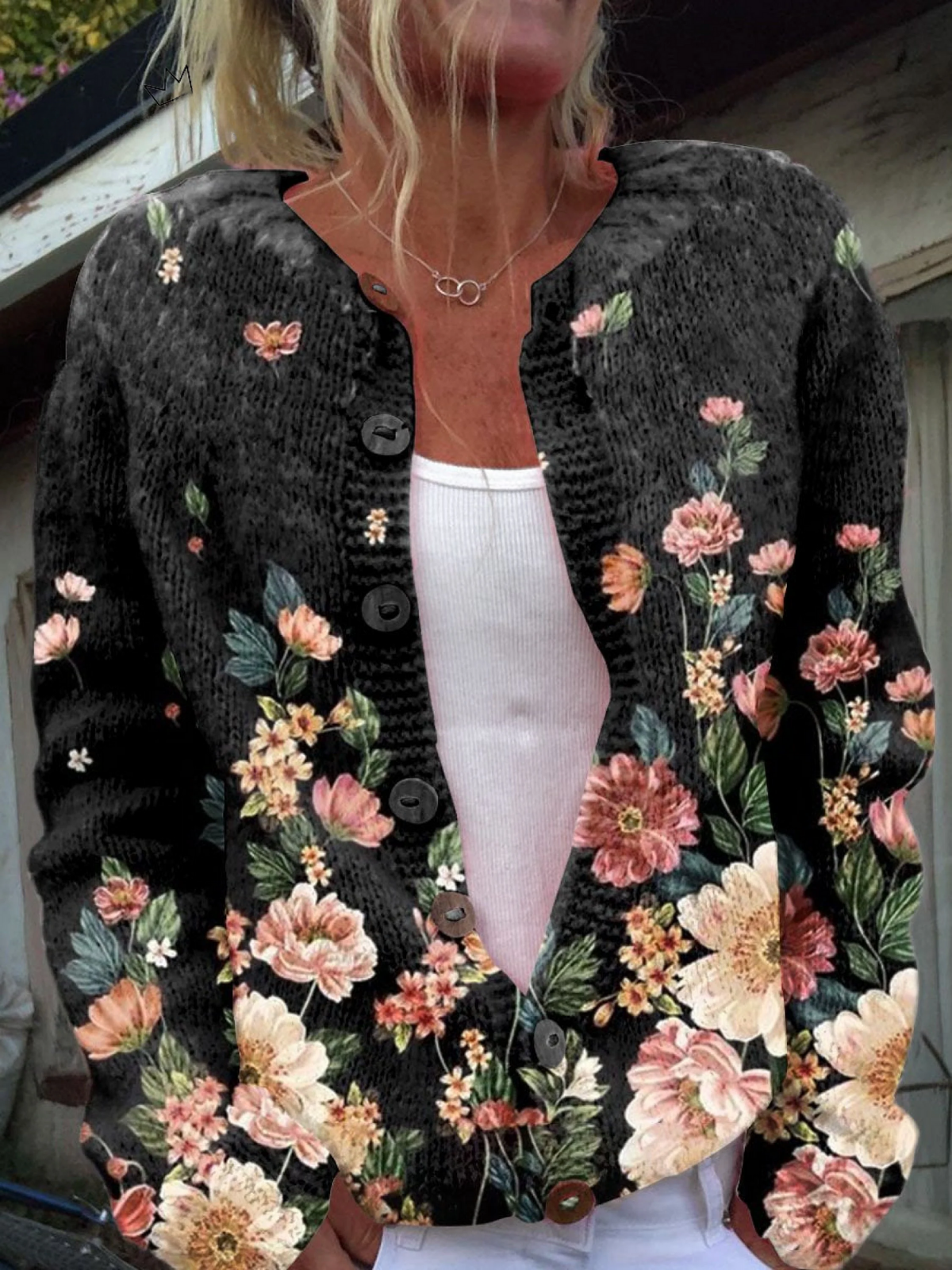 Elara™ women's vintage cardigan sweater, dark knit with floral embroidery and button front