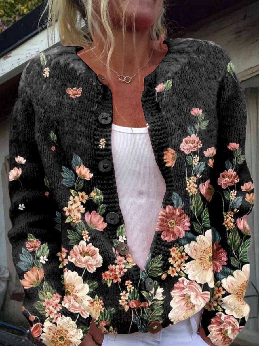 Elara™ women's vintage cardigan sweater, dark knit with floral embroidery and button front