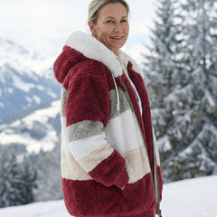 Bonnie colourblock plush jacket, hooded side view in maroon, light blue, and cream