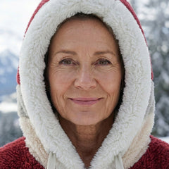 Bonnie colourblock plush jacket with hood, close-up front, maroon outer with white lining