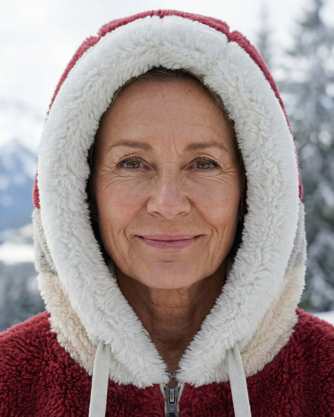 Bonnie colourblock plush jacket with hood, close-up front, maroon outer with white lining