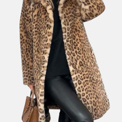 Long leopard print faux-fur coat in tan and brown with open front and plush collar