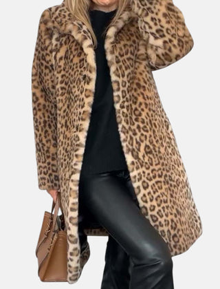 Long leopard print faux-fur coat in tan and brown with open front and plush collar