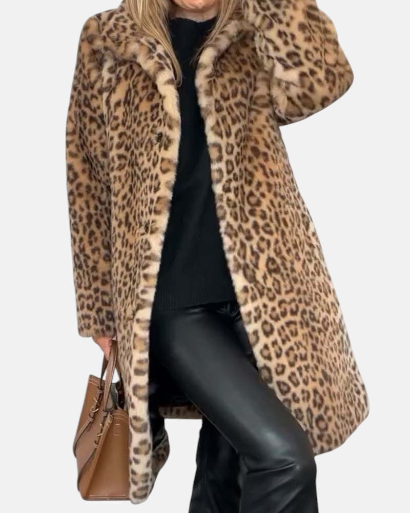Long leopard print faux-fur coat in tan and brown with open front and plush collar
