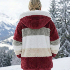 Bonnie colourblock plush jacket, back view with hood, maroon and light blue stripe blocks