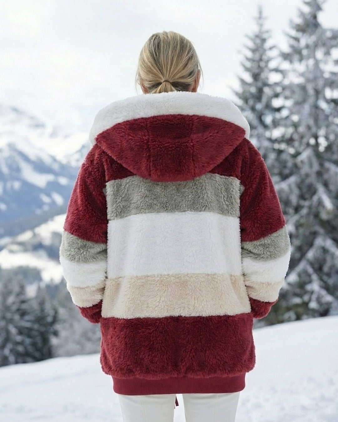 Bonnie colourblock plush jacket, back view with hood, maroon and light blue stripe blocks