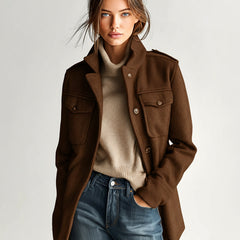 Dark brown short wool-blend coat with stand collar and flap pockets, button front