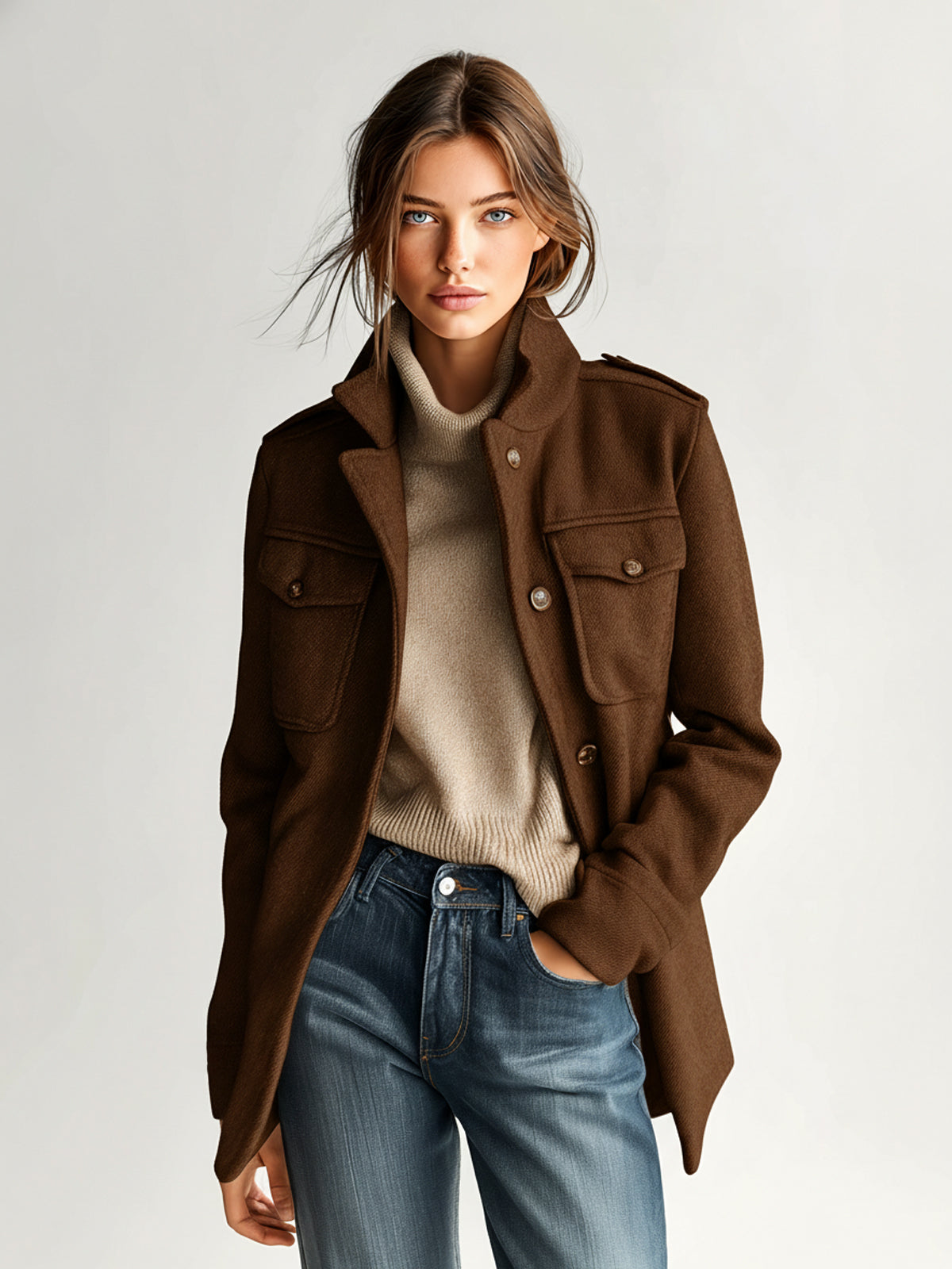 Dark brown short wool-blend coat with stand collar and flap pockets, button front