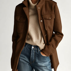 Dark brown short wool-blend coat with stand collar, epaulets, and flap chest pockets