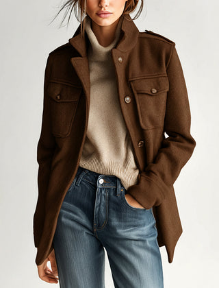 Dark brown short wool-blend coat with stand collar, epaulets, and flap chest pockets