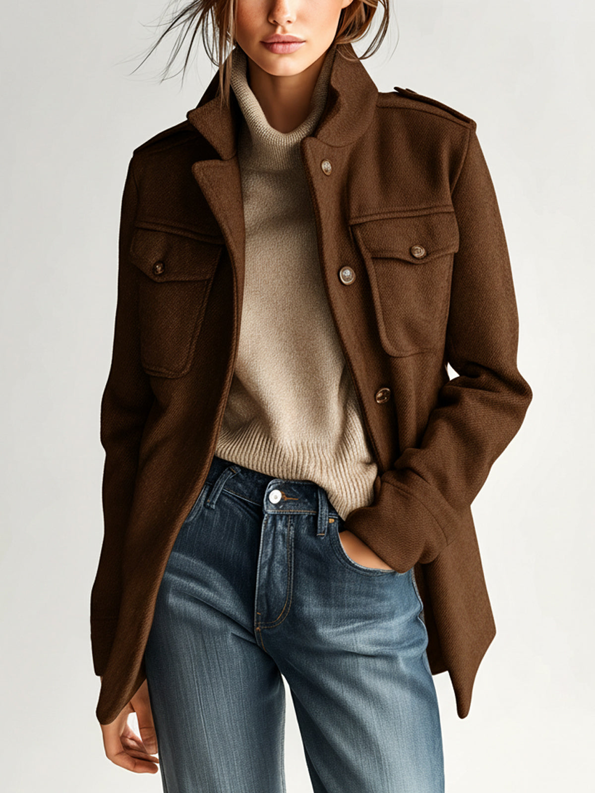 Dark brown short wool-blend coat with stand collar, epaulets, and flap chest pockets