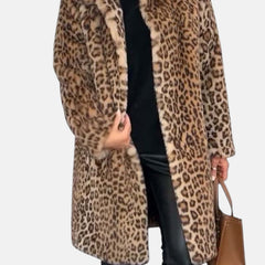 Long leopard print faux-fur coat in tan and brown, open front, soft plush collar