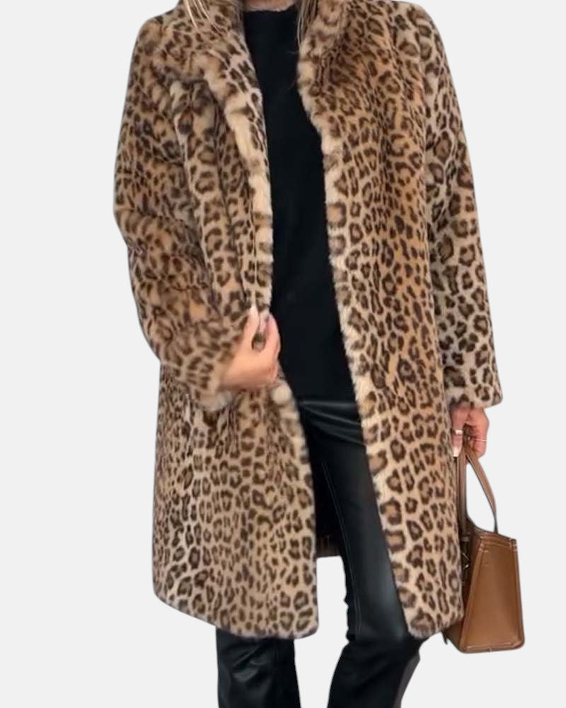 Long leopard print faux-fur coat in tan and brown, open front, soft plush collar