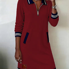 Red casual long-sleeve dress with quarter-zip, contrast collar, striped cuffs, side pockets