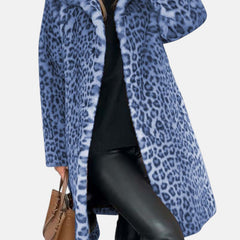 Long leopard print faux-fur coat in blue and dark blue with open front and plush collar