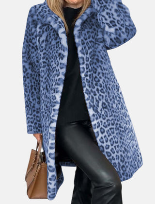 Long leopard print faux-fur coat in blue and dark blue with open front and plush collar
