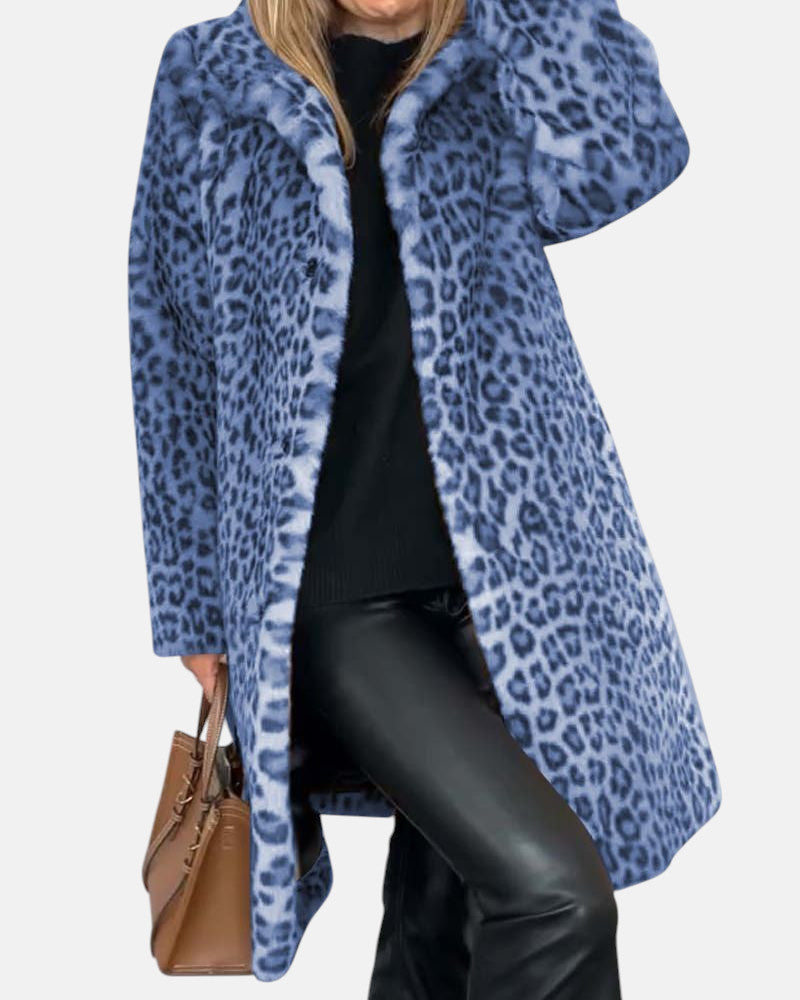 Long leopard print faux-fur coat in blue and dark blue with open front and plush collar