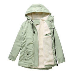 Thick winter coat with hood, mint green outer shell, sherpa-lined front with zipper