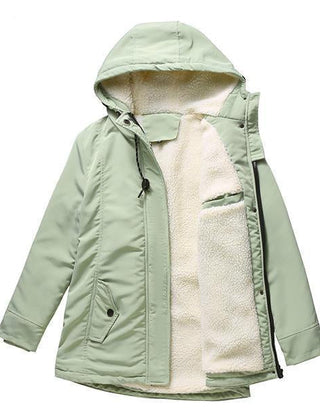 Thick winter coat with hood, mint green outer shell, sherpa-lined front with zipper