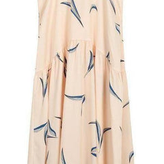 Apricot maxi dress on hanger with blue abstract leaf print and V-neck short sleeves